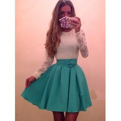 Long Sleeve Lace Patchwork Knot Skater Dress