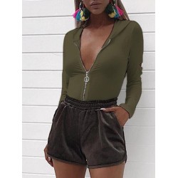 Plain Side Hollow Zipper Long Sleeve Women's Romper