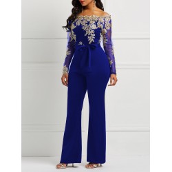 Blue Off Shoulder Lace Up Jumpsuits
