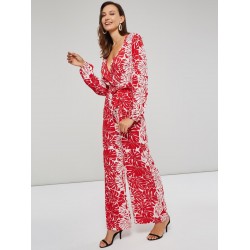 Chiffon Belt Plant Print Wide Legs Jumpsuit