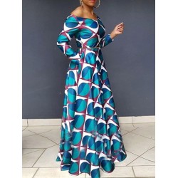 Elegant Print High-Waist Slash Neck Zipper Maxi Dress
