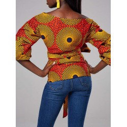 Lantern Sleeve Print Color Block Three-Quarter Sleeve Standard Blouse