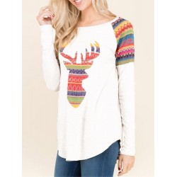 Elk Print Color Stitching Long Sleeve T-shirt