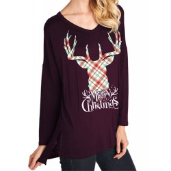 V-Neck Christmas Long Sleeve Print T-shirt